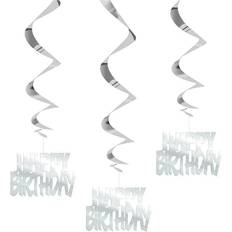 Garlands & Confetti Unique Party 62940 Hanging Swirl Silver Happy Birthday Decorations, Pack of 3