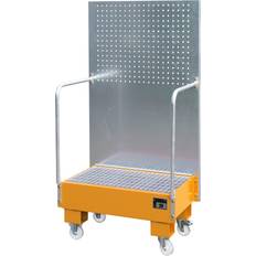 EUROKRAFTpro Mobile sump tray with perforated panel, 2 x 60 l drums placed upright next to each other, LxWxH 570 x 890 x 1685 mm, yellow orange