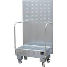 EUROKRAFTpro Mobile sump tray with perforated panel, 2 x 60 l drums placed upright next to each other, LxWxH 570 x 890 x 1685 mm, hot dip galvanised