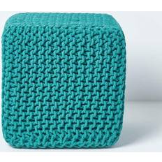 Turquoise Stools Homescapes Teal Green Cube Cotton Knitted Pouffe