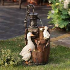 LuxenHome Farmhouse Duck Family Resin & Garden Fountain with Lights