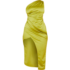 PrettyLittleThing Satin One Shoulder Pleat Detail Midi Dress - Olive