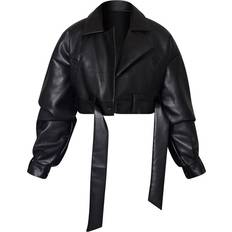PrettyLittleThing Oversized Belted Hem Cropped Biker Jacket - Black