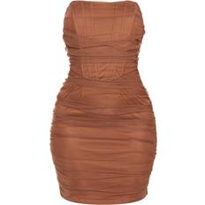 PrettyLittleThing Shape Mesh Corset Detail Ruched Bodycon Dress - Chocolate Brown