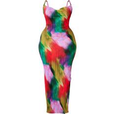 Multicoloured Dresses PrettyLittleThing Printed Plisse Cowl Neck Maxi Dress Plus Size - Multi