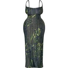 PrettyLittleThing Printed Plisse Cowl Neck Maxi Dress Plus Size - Khaki