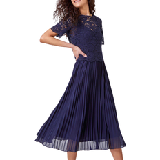 Pleats - Solid Colours Dresses Roman Lace Top Overlay Pleated Midi Dress - Navy