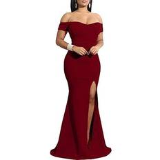 YMDUCH Women's Off Shoulder High Split Evening Gown - Wine Red