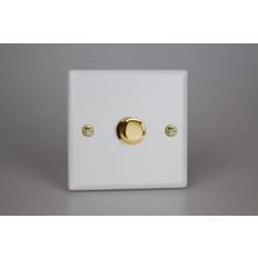 White Wall Dimmers Varilight Vogue LED V-Pro 1 Gang Rotary Dimmer Switch White with Brass Knob