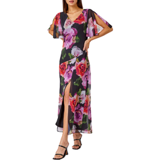 Florals - Long Dresses - Women Roman Floral Print Tie Back Maxi Dress - Black