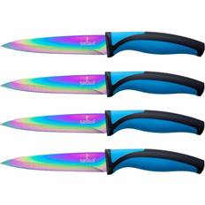 Steak Knife Blue Handle Set Titanium Coated Rainbow Edge