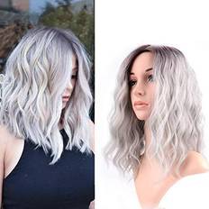 FAELBATY Curly Grey Wig Short bob Wigs Shoulder Length side part Women's Short Wig ombre color Synthetic Cosplay Wig for Girl Halloween Costume Wigs Ombre Purple Grey Color