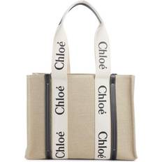 Textile Totes & Shopping Bags Chloé Large Woody Linen Tote Bag - White/Blue 1