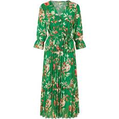 Pleats Clothing Yumi Floral Print Midi Wrap Dress with Pleated Skirt - Green