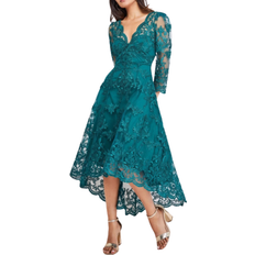 Lace - Solid Colours Dresses Goddiva Scalloped Lace Dipped Hem Midi Dress - Emerald