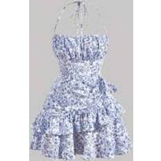White - Women Dresses Shein Floral Print Ruffle Trim Tie Backless Ruched Bust Layered Halter Dress