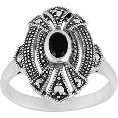 Onyx Rings Gemondo Art Deco Style Oval Black Onyx & Marcasite Cocktail Ring in 925 Sterling Silver
