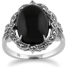 Onyx Rings Gemondo Art Nouveau Style Oval Black Onyx Cabochon & Marcasite Statement Ring in 925 Sterling Silver