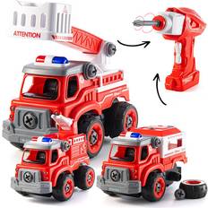 Top Race Fire Trucks Set 3 in 1 Take Apart Truck with Electric Drill