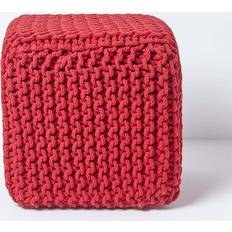 Red Poufs Homescapes Cube Cotton Knitted Footstool Pouffe