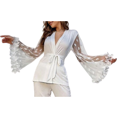 Shein Appliques Flounce Sleeve Belted PJ Set - White