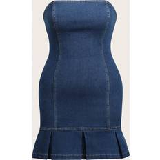 Cotton - Knee Length Dresses Shein Plus Pleated Hem Tube Denim Dress