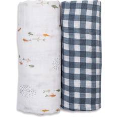 Lulujo Baby Fish and Gingham Printed Cotton Muslin Blankets 2-pack
