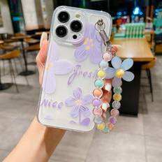 Shein 1pc Colorful Flower Beaded Bracelet & 1pc Transparent Tpu Flower Pattern Anti-fall Iphone Case/compatible Phone Case/case With Lanyard/funny Phone Cas
