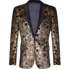 Black - Men Blazers Mens classic gold paisley black velvet tuxedo dinner jacket tailored fit blazer
