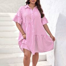 Pink - Stripes Dresses Shein Plus Striped Print Flounce Sleeve Ruffle Hem Smock Dress
