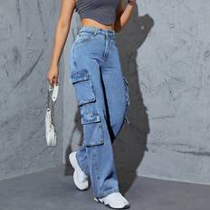 XL Jeans Shein Women's Y2k Multi-pocket High Waist Straight Leg Jeans With Cargo Style
