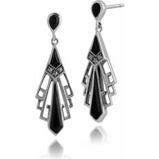 Onyx Earrings Gemondo Art Deco Style Round Black Onyx & Marcasite Fan Drop Earrings in 925 Sterling Silver