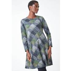Checkered - Women Dresses Roman Check Print Swing Stretch Dress Green