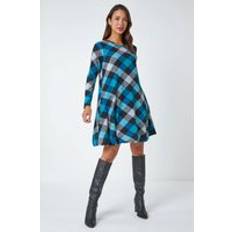 Checkered - Turquoise Dresses Roman Check Print Swing Stretch Dress Teal