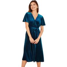 Solid Colours - Turquoise Dresses Yumi Velvet Wrap Over Midi Dress, Teal