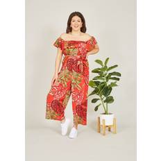 Florals - Women Jumpsuits & Overalls Yumi Red Tropical Leaf Print Bardot Jumpsuit