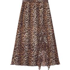 Brown - Women Skirts Ganni Leopard Pleated Georgette Midi Flounce Skirt in Almond Milk Recycled Polyester Women's Almond Milk