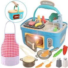 Joyin Kids Play Kitchen Picnic Playset, Portable Picnic Basket Toys with Musics & Lights, Color Changing Play Food, Kitchen Sink Toys and Pretend Play