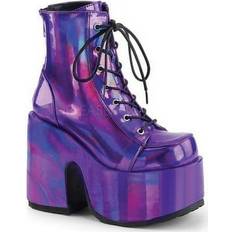 Purple - Women Heels & Pumps Demonia Womens Camel 203 Purple Holographic Platform Ankle Boots