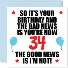 STUFF4 Funny 34th Birthday card for Men Women Bad News Happy Birthday cards for 34 Year Old Brother Sister Auntie Uncle cousin Friend, 57 x 57 Inch Thirt