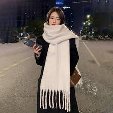 White - Women Scarfs Shein 1pc Solid color scarf, winter warm neck, thickened wool knitted thick fringed shawl, can be worn