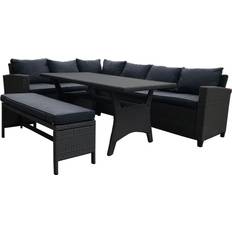 Furniture One Rattan Corner Sofa Black Dining Set 74x144cm 4pcs