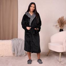 Black Sleepwear Sienna Flannel Fleece Hooded Dressing Gown Bathrobe Black