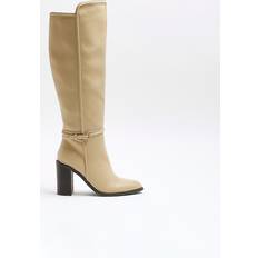 Beige High Boots River Island knee high boot with buckle detail in beige-Neutral5