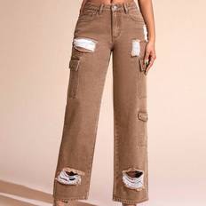 Brown - Women Jeans Shein Women'S Distressed Workwear Pocketed Denim Jeans