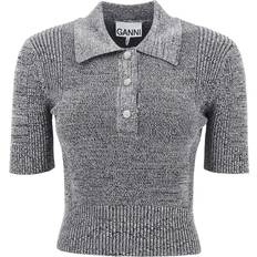 Viscose - Women Polo Shirts Ganni Grey Melange Rib Polo in Black Elastane/Polyamide/Rayon Women's