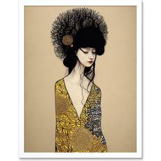 Wee Blue Coo Golden Geisha Girl Abstract Elegant Painting Art Print Framed Poster 12x16