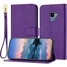 Samsung Galaxy S9 Wallet Cases For Samsung Galaxy S9 Case, Litchi Grain PU Leather Folio Cover Magnetic Closure Flip Wallet Card Slots Stand Case With Hand Strap,Purple