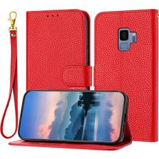 Samsung Galaxy S9 Wallet Cases For Samsung Galaxy S9 Case, Litchi Grain PU Leather Folio Cover Magnetic Closure Flip Wallet Card Slots Stand Case With Hand Strap,Red