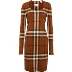 Brown - Checkered - Women Dresses Burberry Exaggerated Check Midi Dress - Dark Birch/Brown